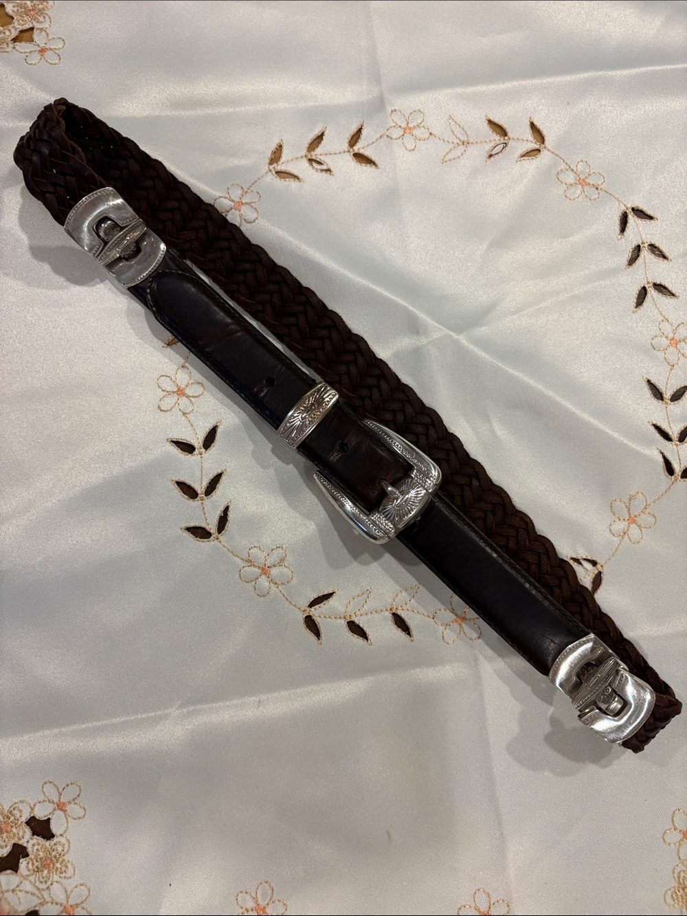 Braided Leather Belt with Silver Buckle - Brown